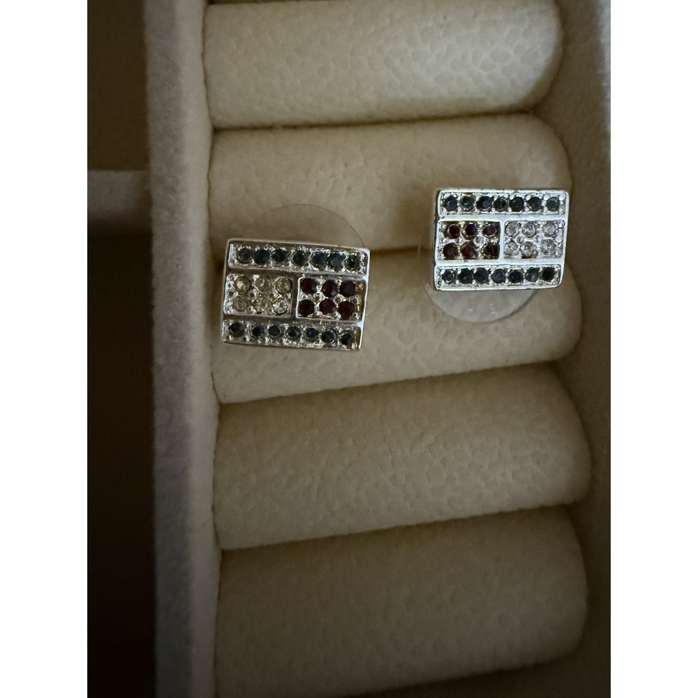 Vintage Tommy Hilfiger Rhinestone Earrings Silvertone Flag Square Studs